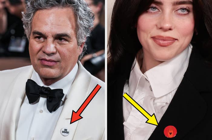 Two individuals wearing ceremonial  attire astatine  an event. Both person  fastener  pins with affirmative  messages, highlighted by arrows