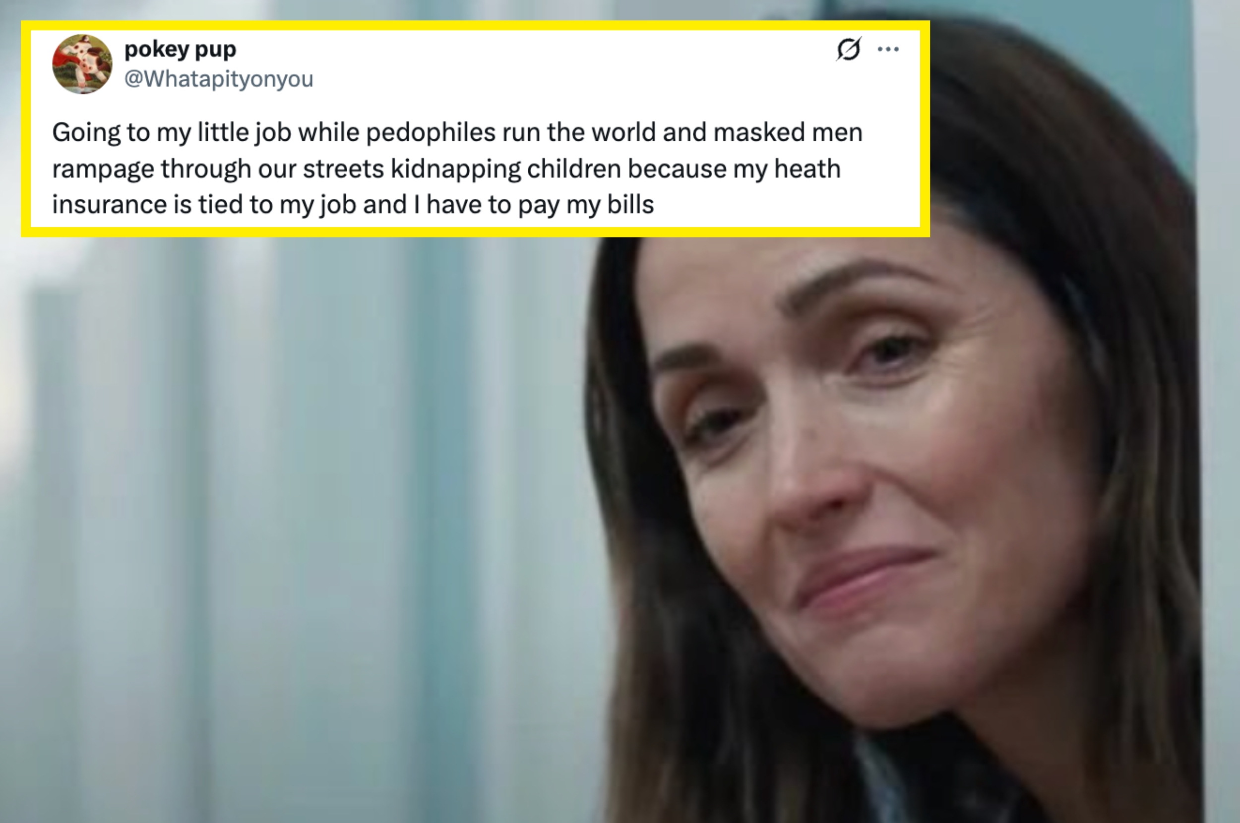 A woman in a contemplative expression, with a tweet overlay discussing the contrast between daily life challenges and societal issues