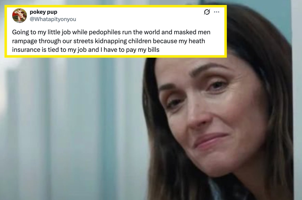 A woman in a contemplative expression, with a tweet overlay discussing the contrast between daily life challenges and societal issues