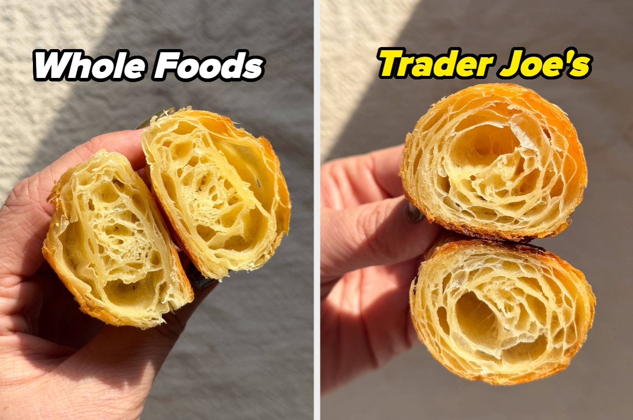 Whole Foods and Trader Joe's croissants are shown in cross-section, highlighting their flaky layers. Both are held by hand for comparison