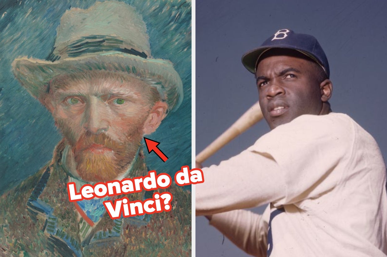 Split image: painting of a man labeled "Leonardo da Vinci?" on the left; baseball player holding a bat on the right