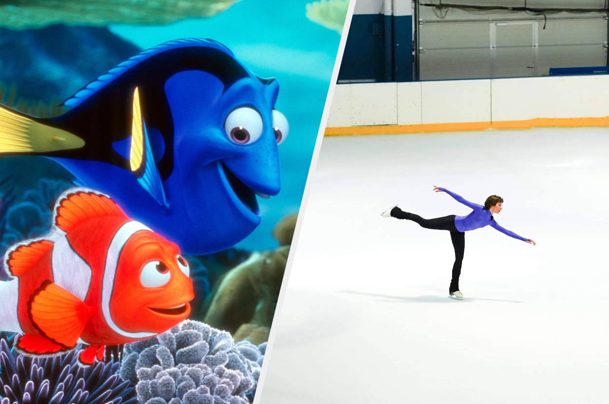 Animated fish characters swimming underwater; person ice skating on ice rink, performing a graceful pose