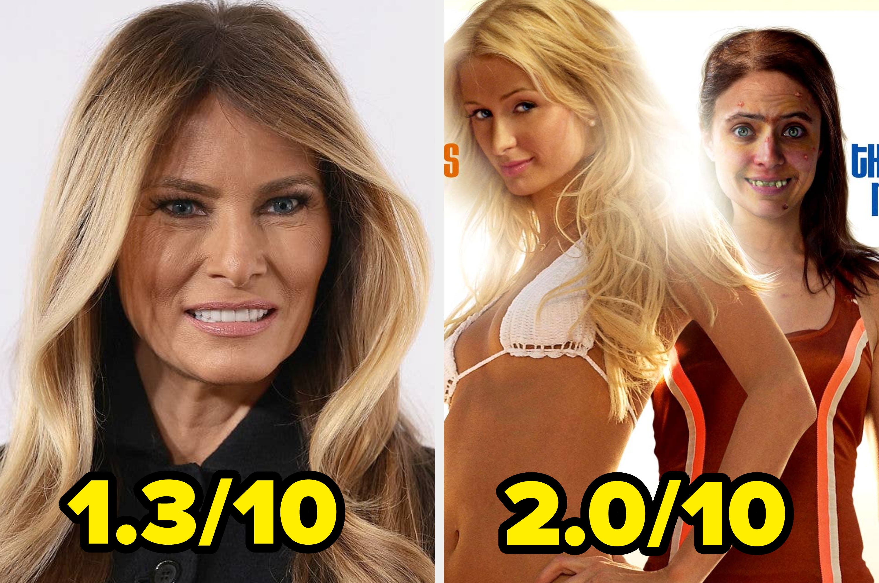 Two images, each with a low rating: the first is of a woman with long hair, the second shows two women in a humorous, parody-like scene