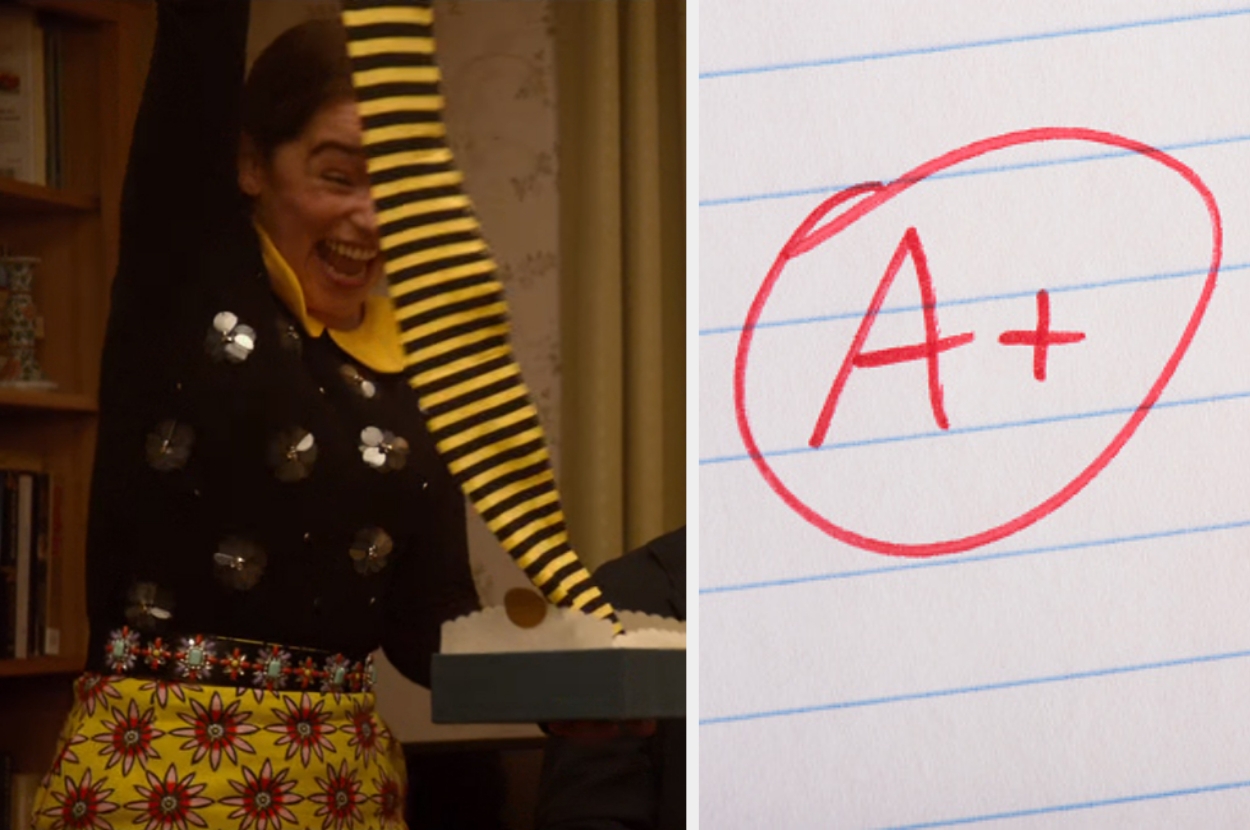 A person excitedly holds a long receipt while a paper with a red "A+" is shown, indicating success or achievement