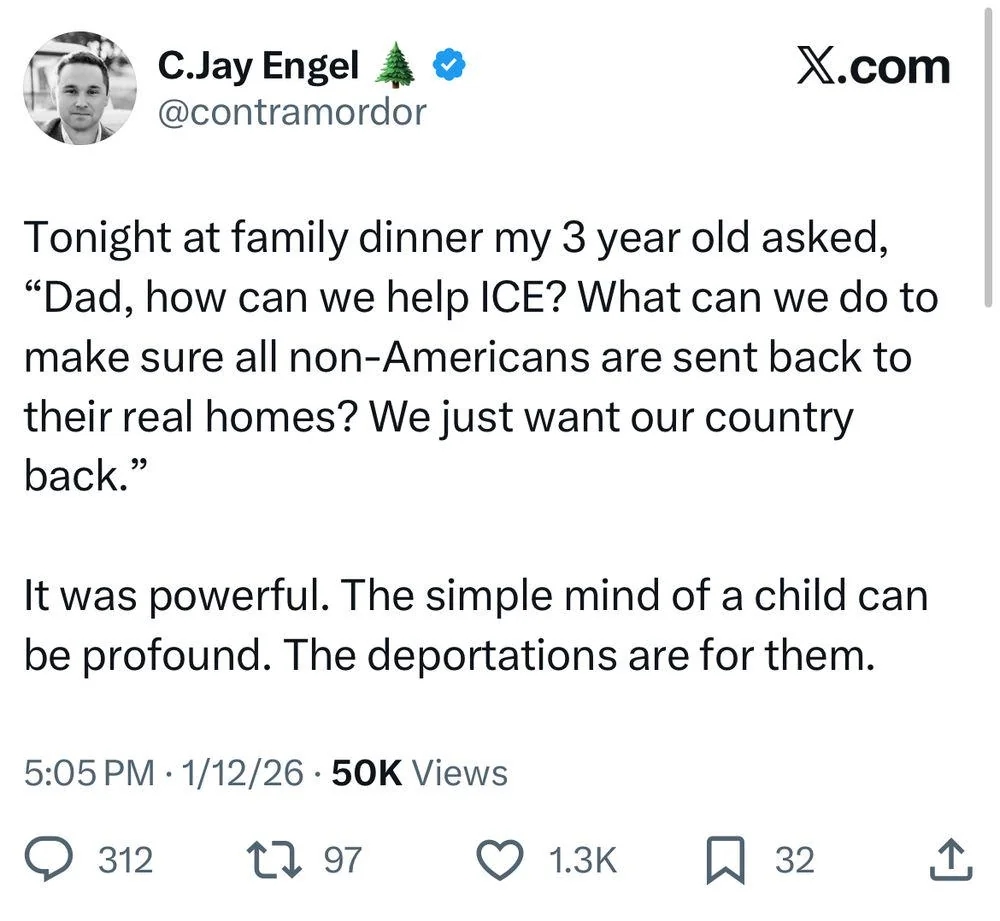 Summary of a tweet reflecting a child’s enquiry  astatine  meal  astir  aiding ICE successful  deporting non-Americans. Describes it arsenic  almighty  and profound