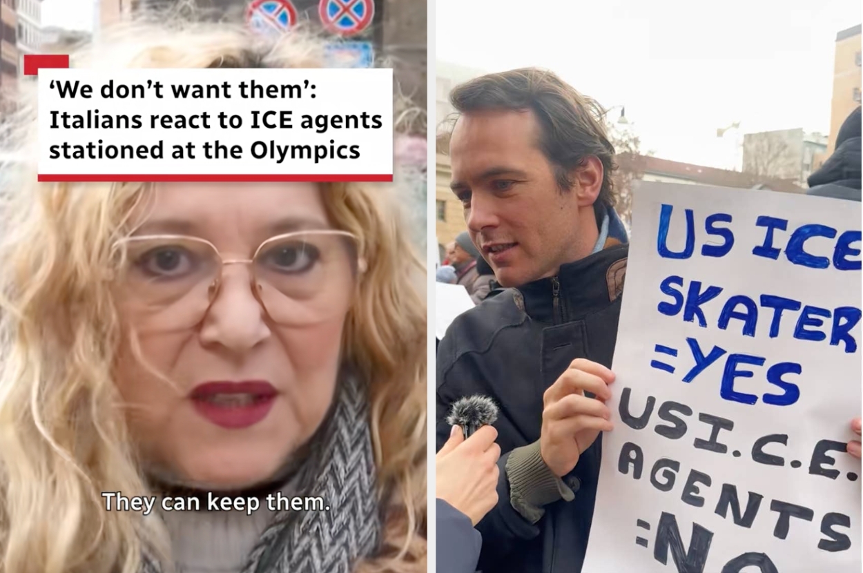 Split image: Left shows a person with glasses speaking. Right shows a man holding a sign reading “US ICE skaters = US ICE agents” during a protest