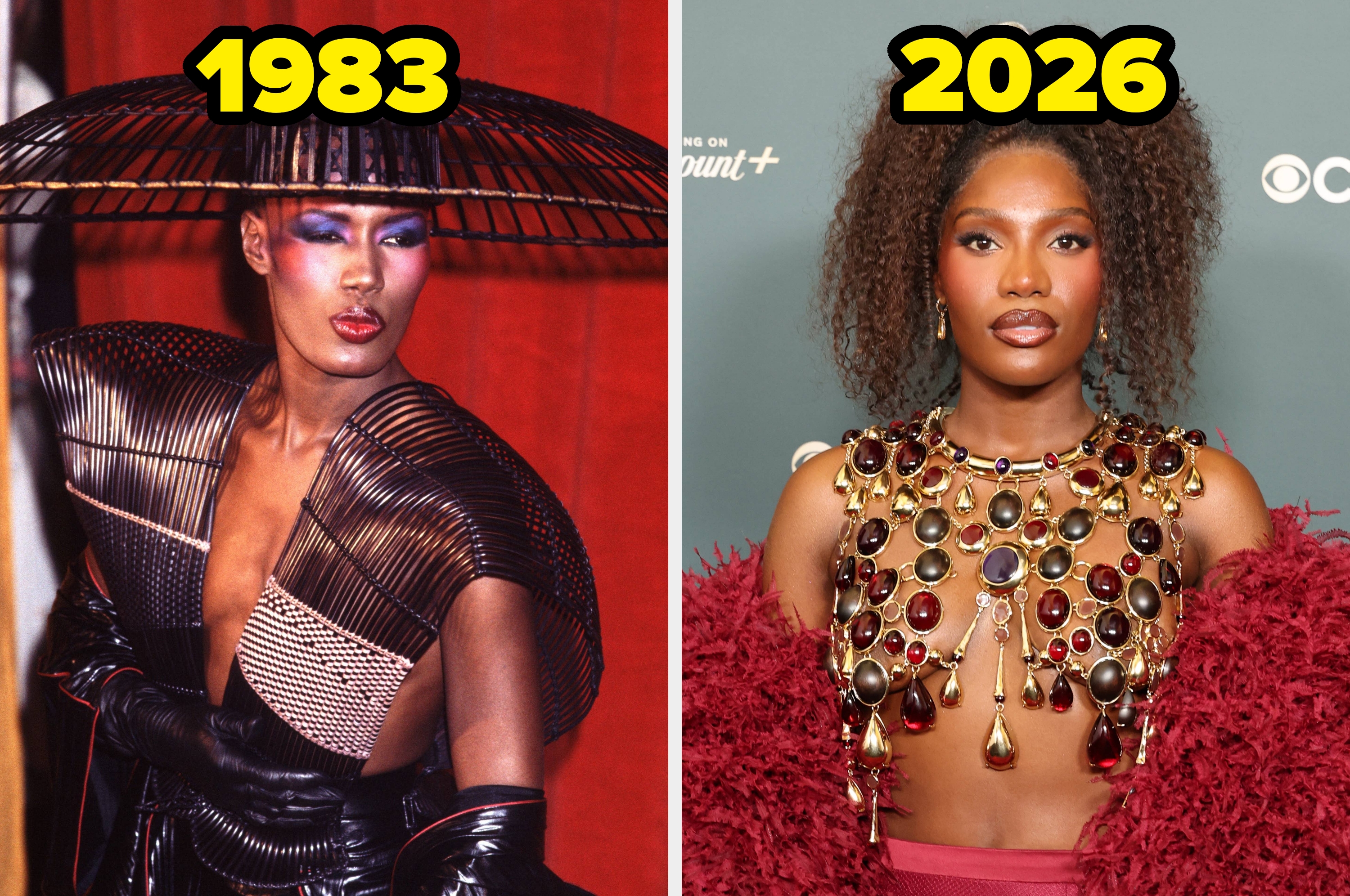 1983 vs. 2017 fashion comparison: One person in avant-garde attire with a hat, and another in an orange top and black skirt at a red carpet event