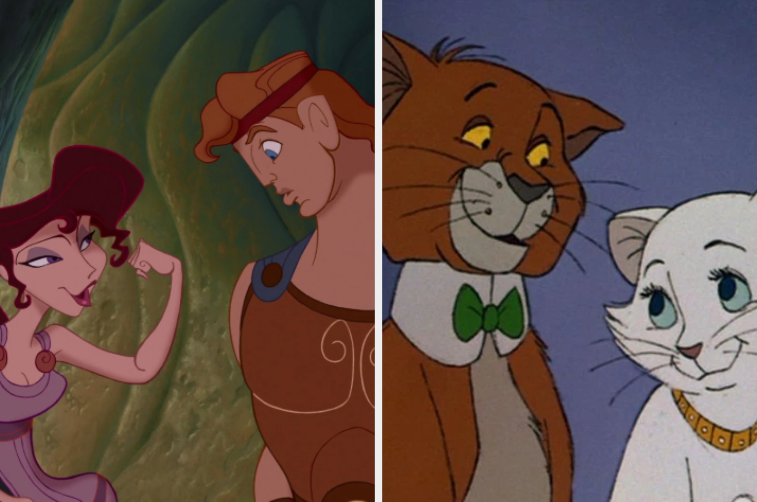 Animated characters from "Hercules" on the left and "The Aristocats" on the right are shown interacting