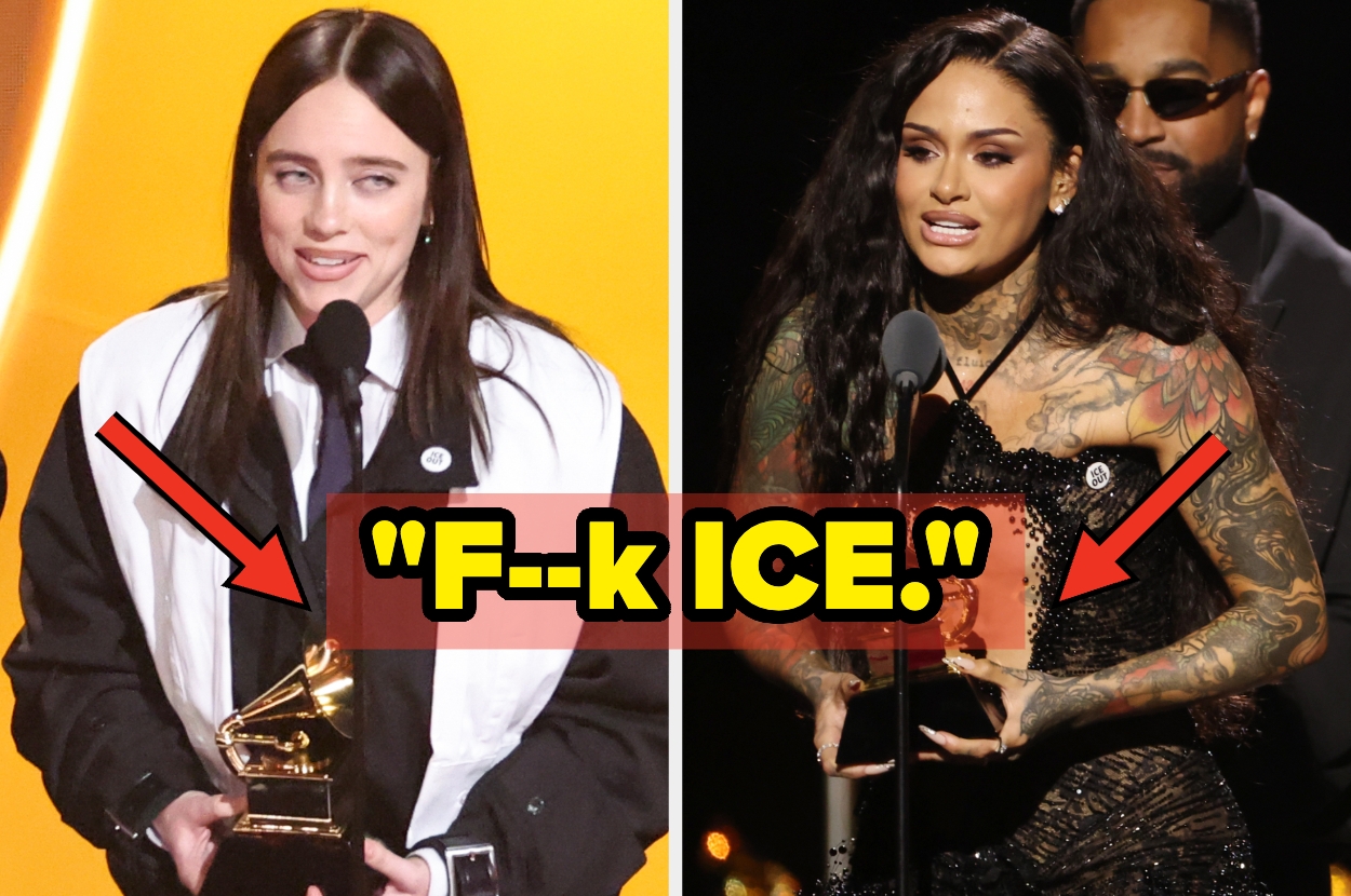 Two people hold awards at an event. A bold text overlay between them reads "F--k ICE."