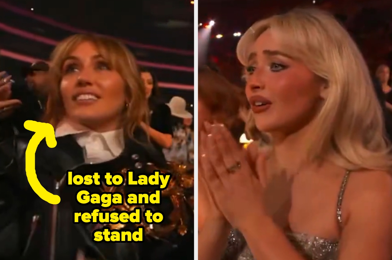 Two women sitting at an event; one in a leather jacket, the other in a sparkly dress. Text humorously states one lost to Lady Gaga and refused to stand