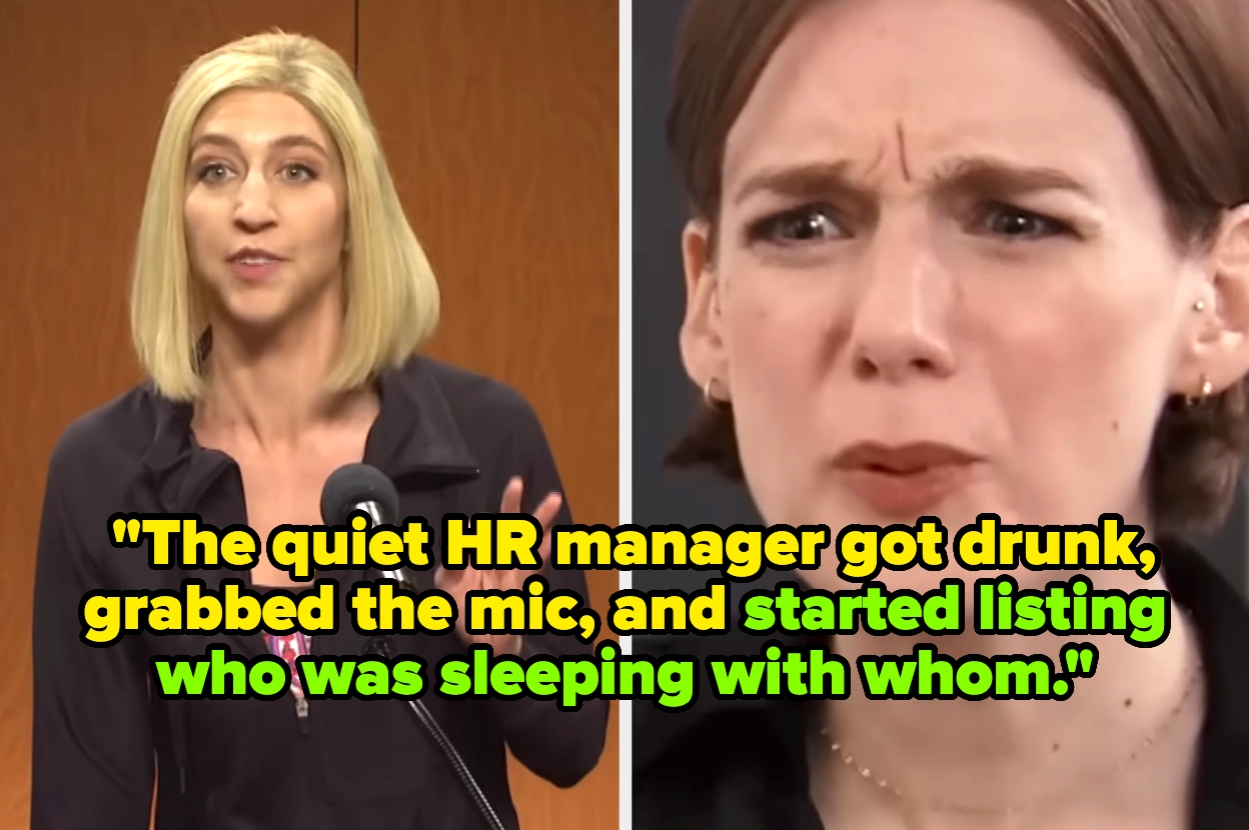 woman at mic and shocked woman; text reads: "The quiet HR manager got drunk, grabbed the mic, and started listing who was sleeping with whom"