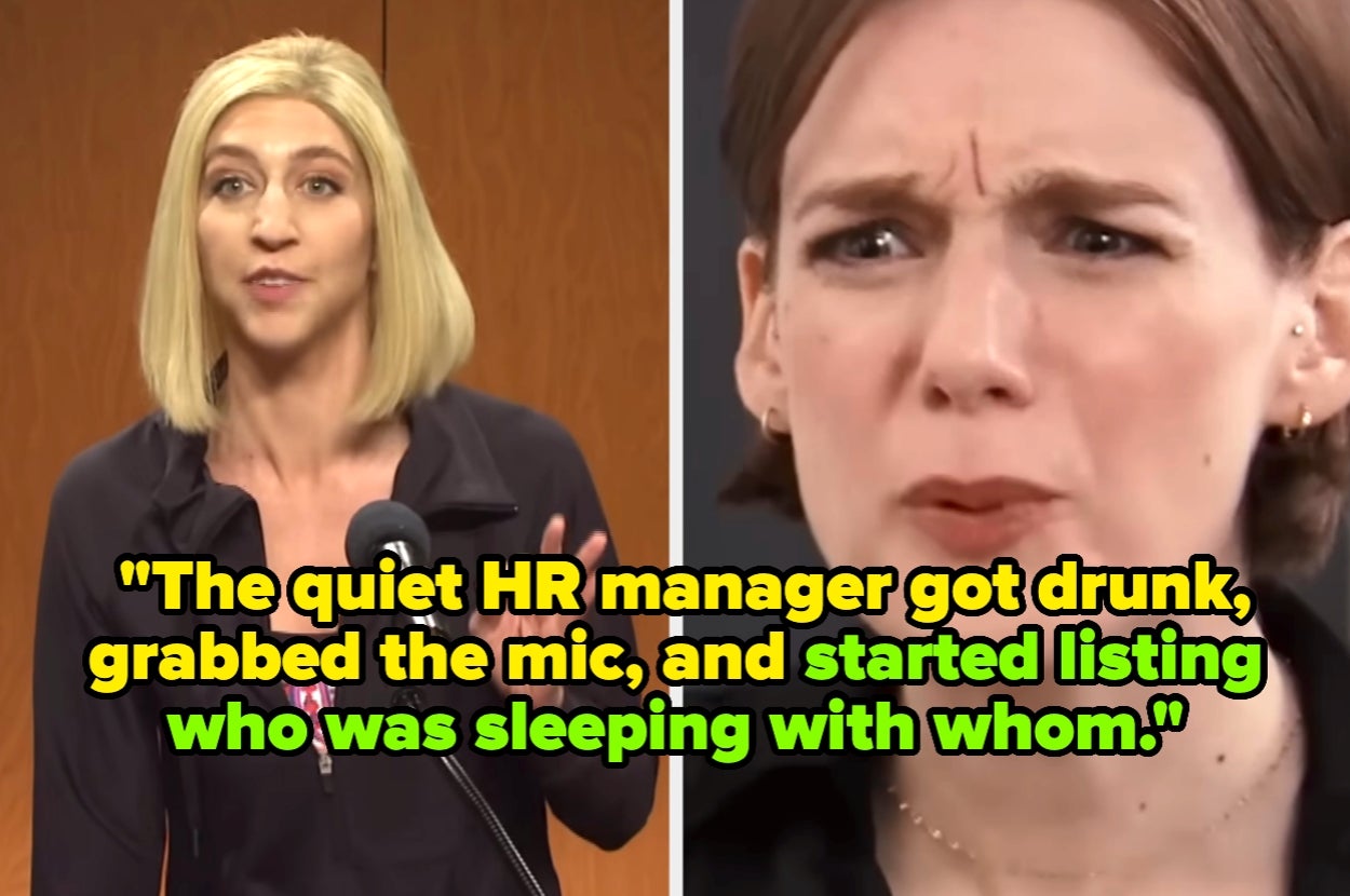 woman at mic and shocked woman; text reads: "The quiet HR manager got drunk, grabbed the mic, and started listing who was sleeping with whom"