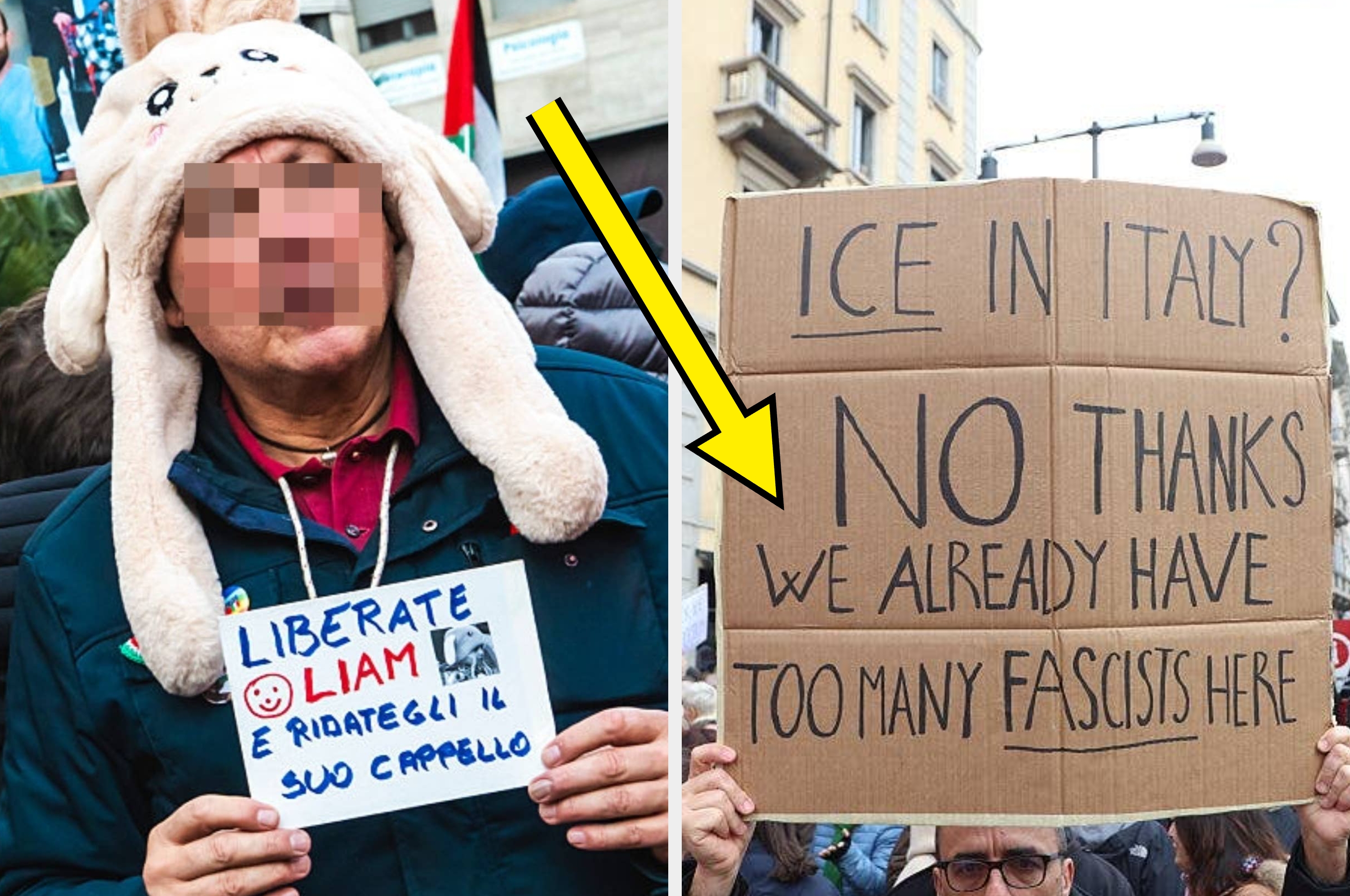 Two protesters hold signs at a rally. One sign references a specific case; the other protests against fascism in Italy