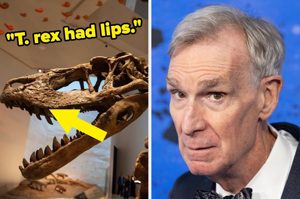 Dinosaur skeleton with "T. rex had lips" text overlay on left; man in suit and bowtie on right, possibly at an event