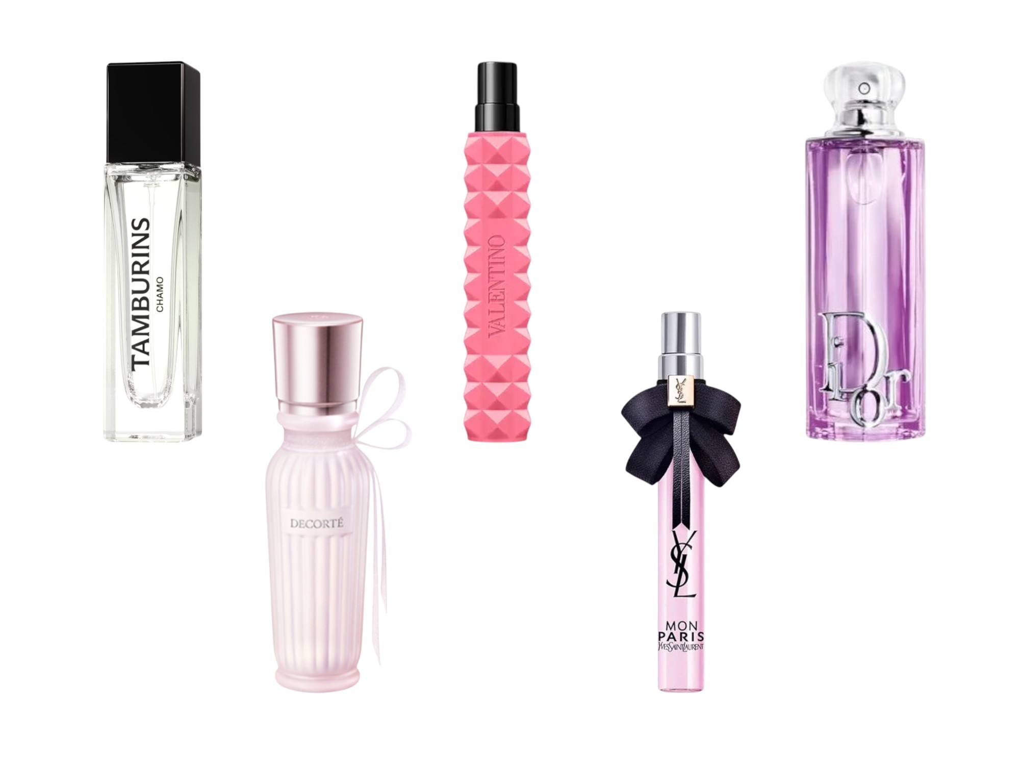 5種類の香水ボトルが並んでいる。デザインは各ブランドごとに異なる。