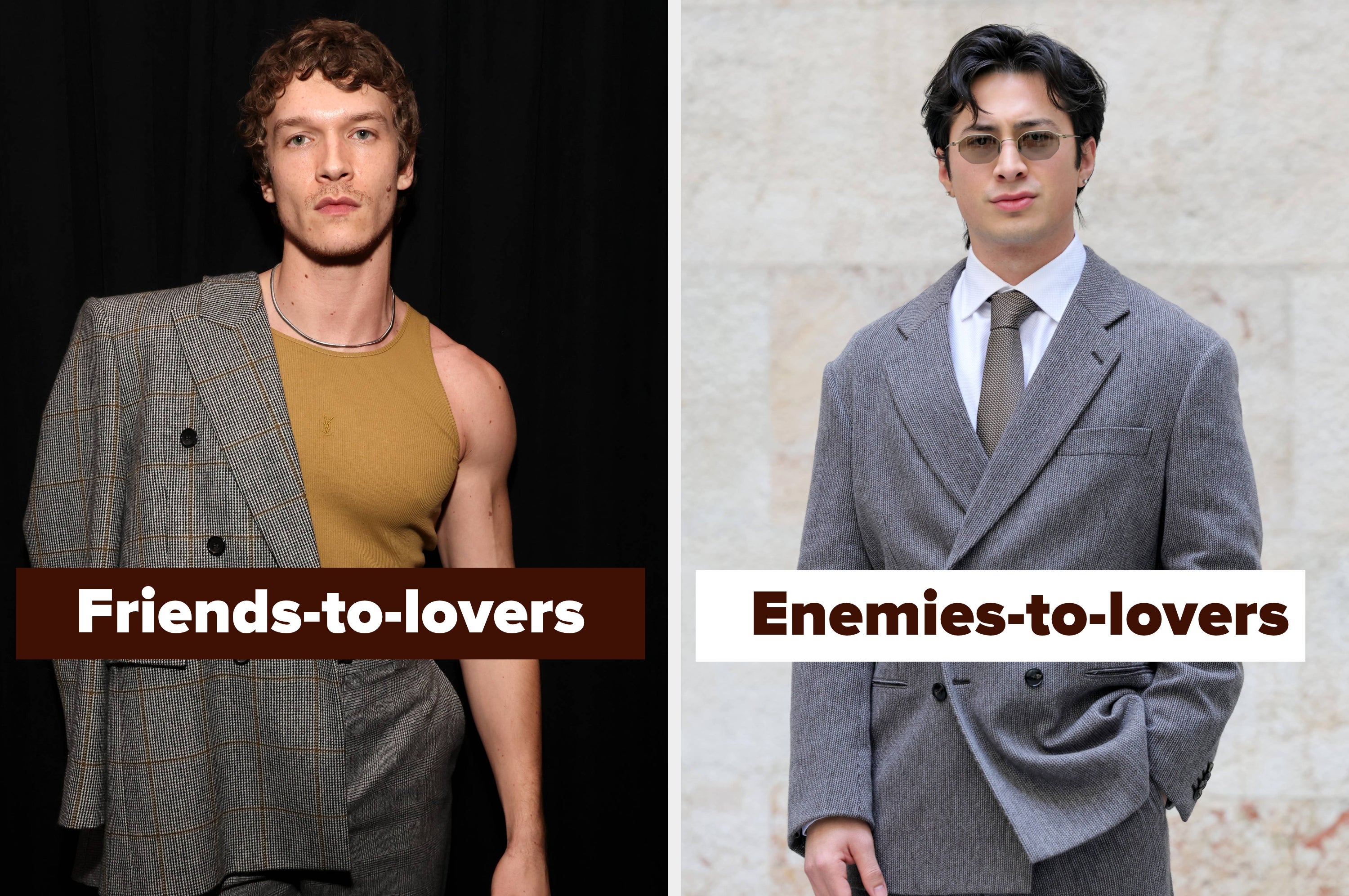 Two individuals in stylish suits; left one wears a sleeveless top and draped jacket, right one in a tie and glasses. Text reads "Friends-to-lovers."