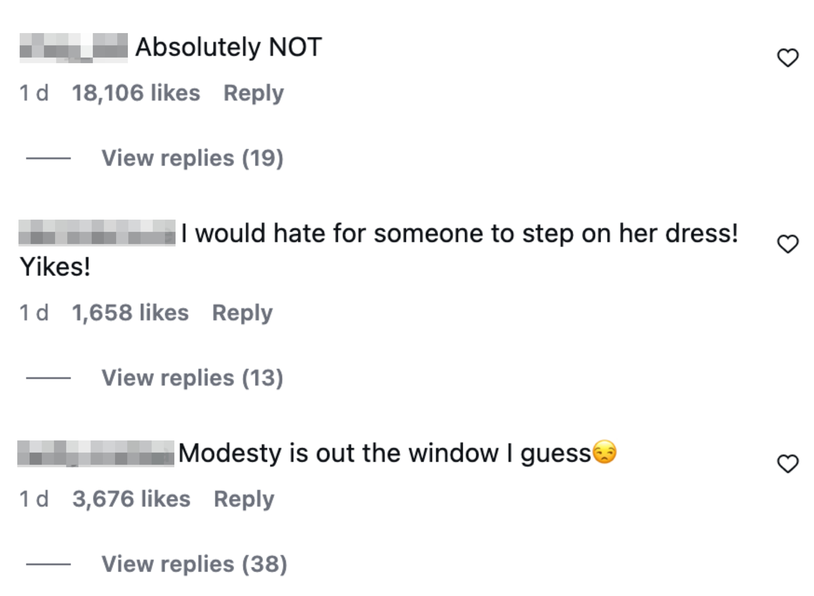 Instagram comments expressing disapproval of Chappell's dress