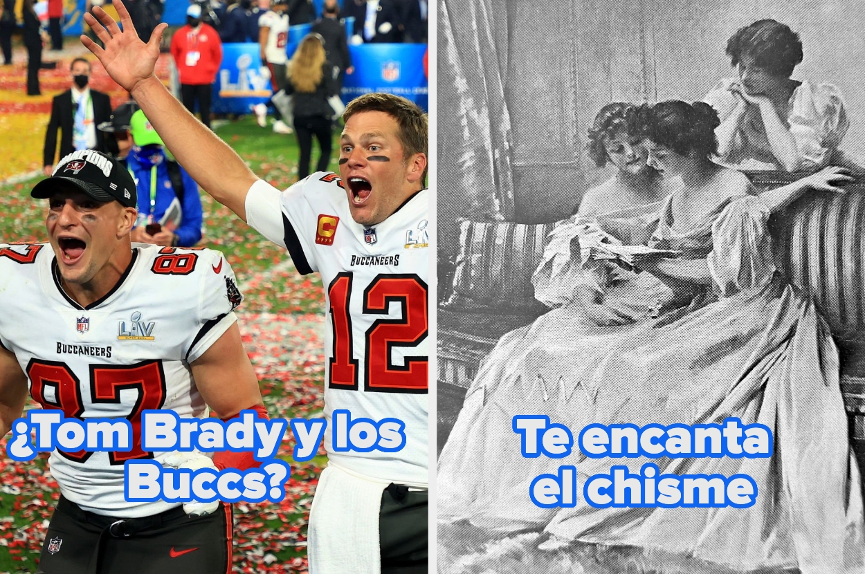 Split image: Left shows two football players celebrating; right is a vintage illustration of people talking. Text: "¿Tom Brady y los Buccs? Te encanta el chisme."