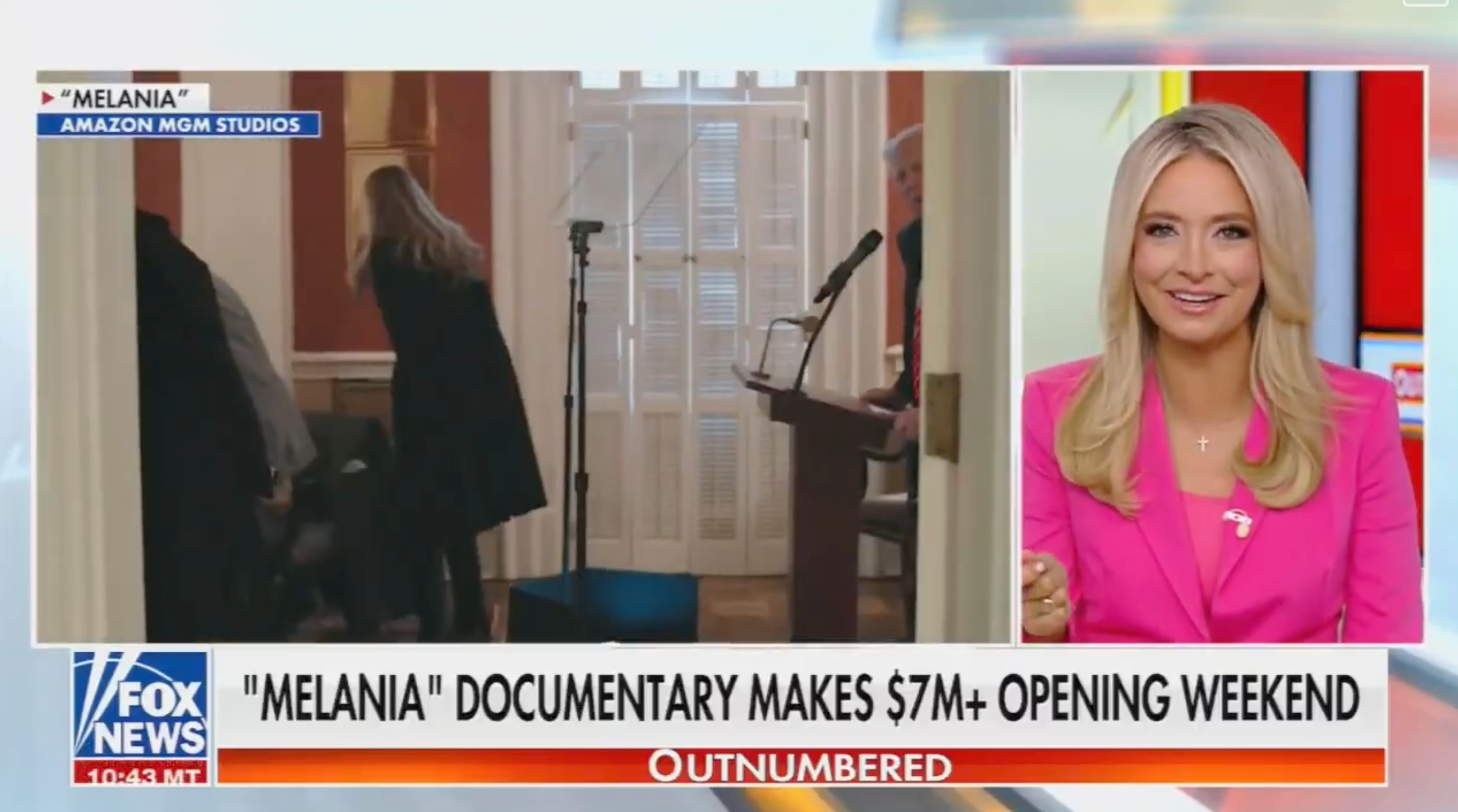 News conception   discussing the "Melania" documentary earning implicit    $7 cardinal  connected  opening   weekend, with anchor successful  a pinkish  blazer and related footage