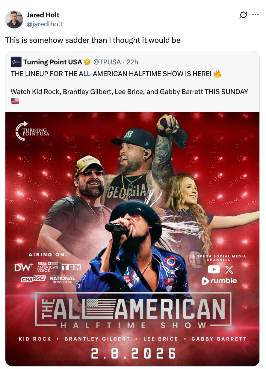 Social media post featuring lineup announcement for All-American Halftime Show with Kid Rock, Brantley Gilbert, Lee Brice, and Gabby Barrett on February 8, 2026