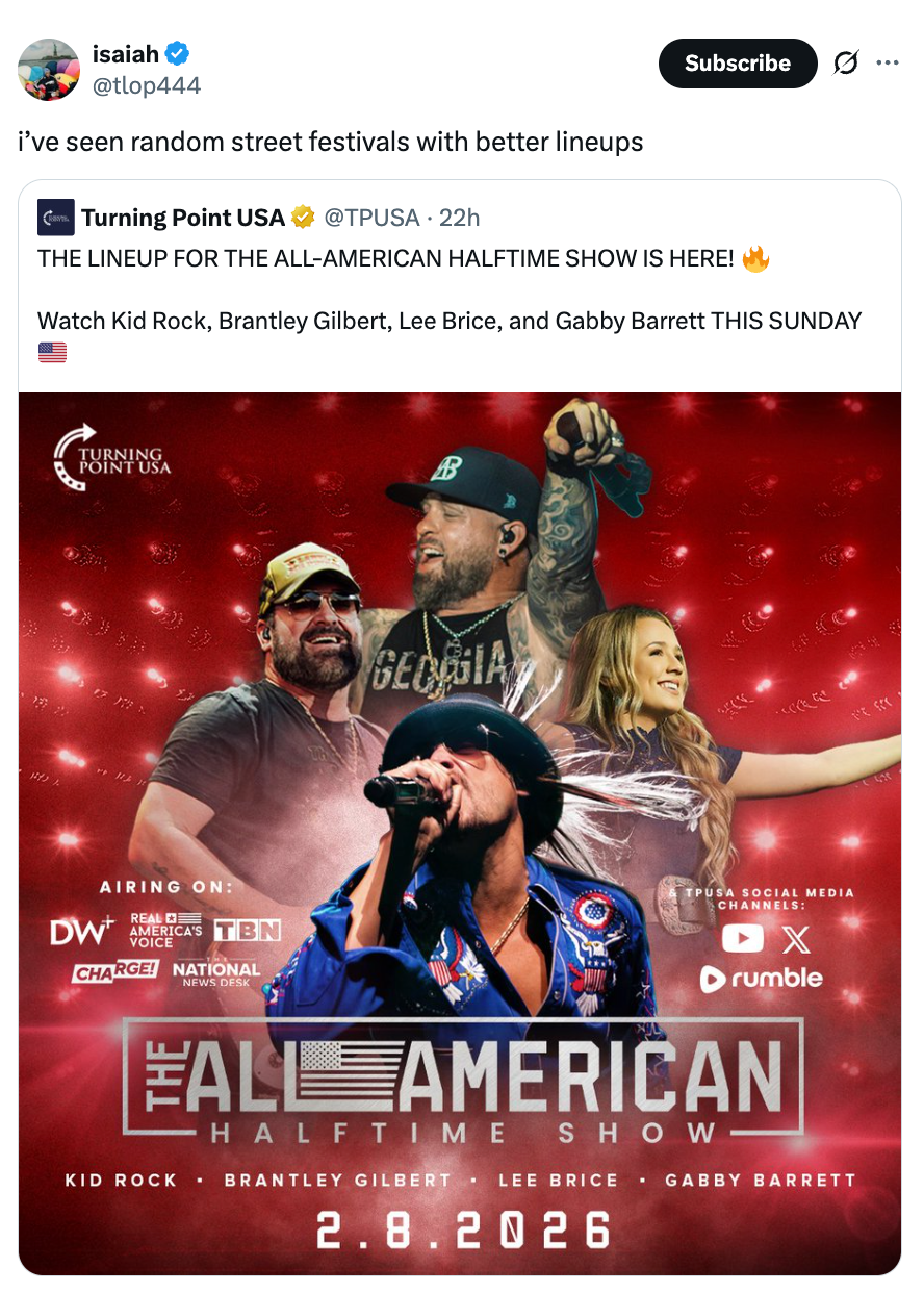 Social media post announcing the All-American Halftime show on February 8, 2026, featuring Kid Rock, Brantley Gilbert, Lee Brice, and Gabby Barrett