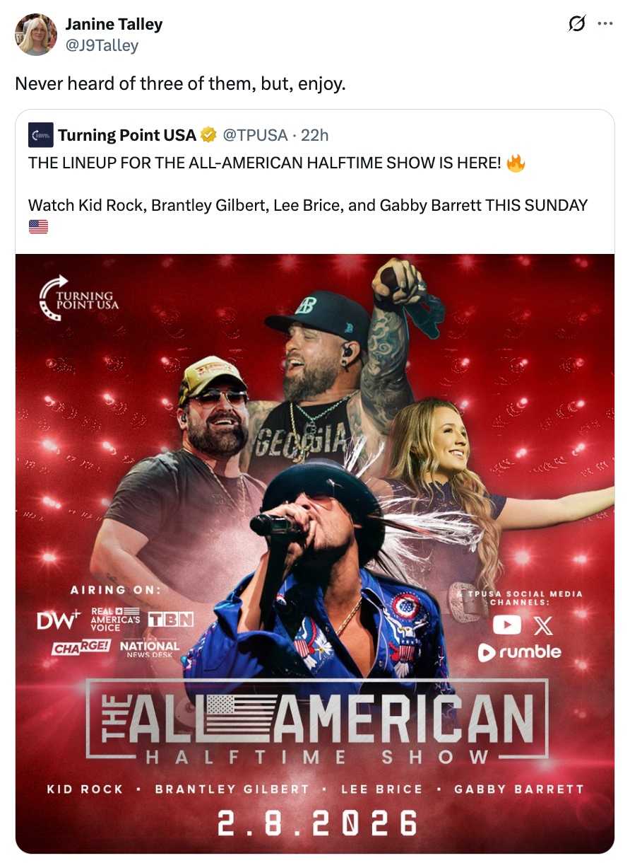 Promotional poster for "The All-American Halftime Show" featuring Kid Rock, Brantley Gilbert, Lee Brice, and Gabby Barrett, airing February 8, 2026