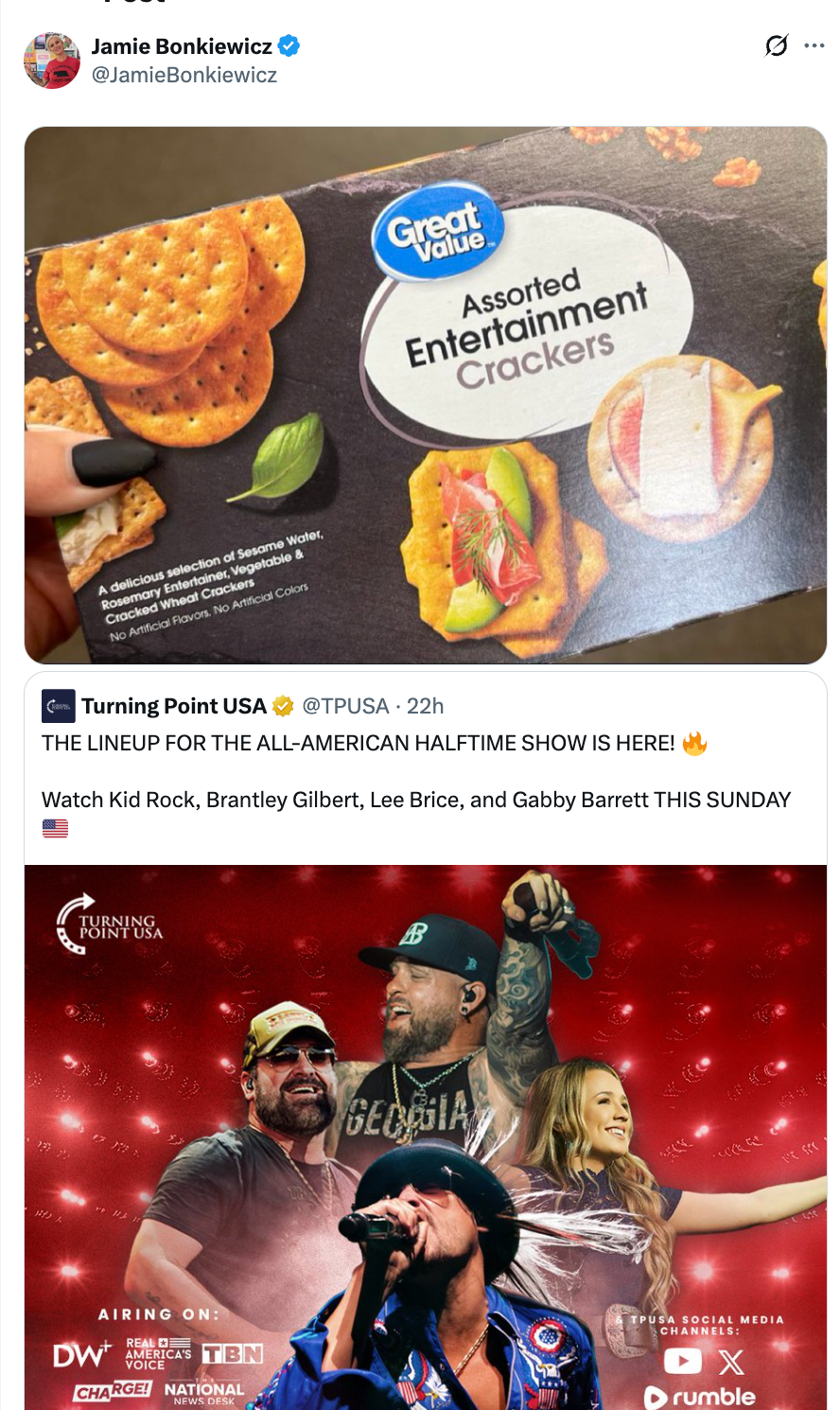 The image shows a tweet with a photo of Entertainment Crackers and another tweet about a lineup for the All-American Halftime Show featuring music artists
