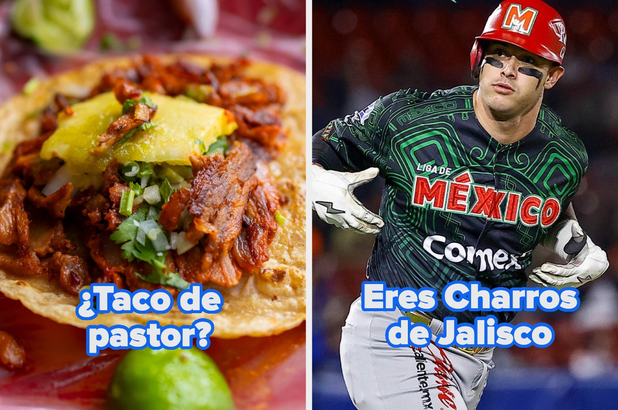 Left: Close-up of a taco with meat and pineapple. Right: Baseball player in uniform with "México." Text: "¿Taco de pastor?" and "Eres Charros de Jalisco."