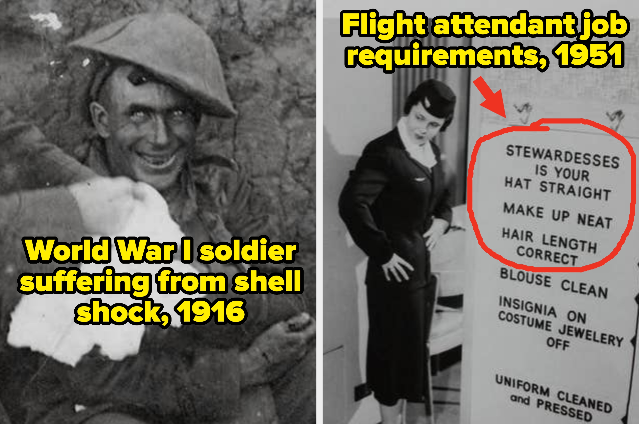 Split image: Left shows a World War I soldier with shell shock, 1916. Right depicts 1951 flight attendant job requirements, focusing on appearance standards