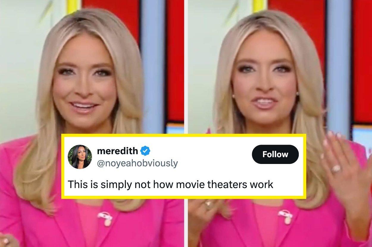 News anchor in a pink blazer speaks during a broadcast; tweet overlay reads, "This is simply not how movie theaters work."