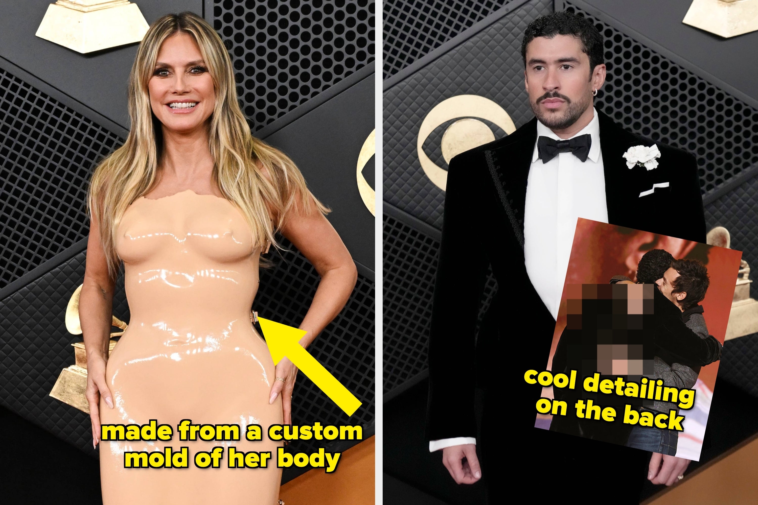 Two celebrities at an event; left, a woman in a form-fitting dress; right, a man in a tuxedo with a flower on the lapel. Text highlights outfits