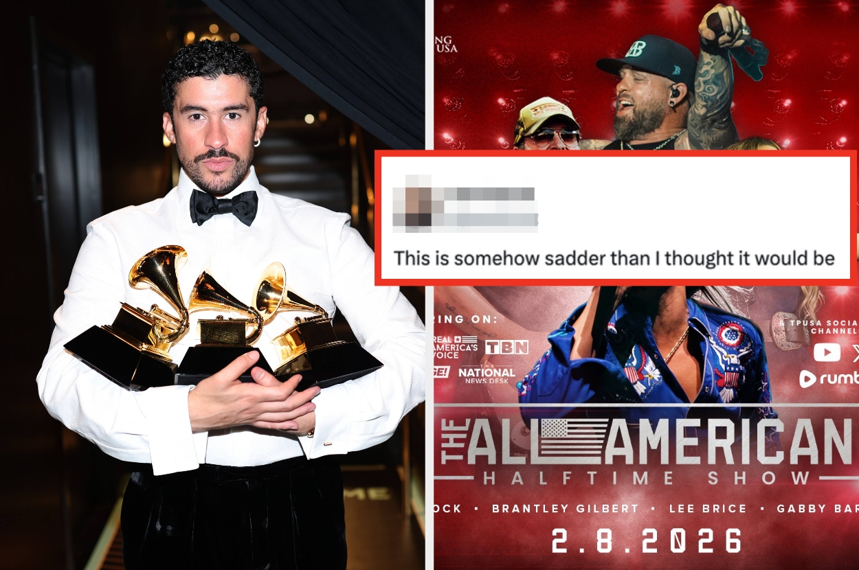 Man in formal attire holds Grammy awards; adjacent image shows musicians promoting a halftime show, with a comment reading, "This is somehow sadder than I thought it would be."