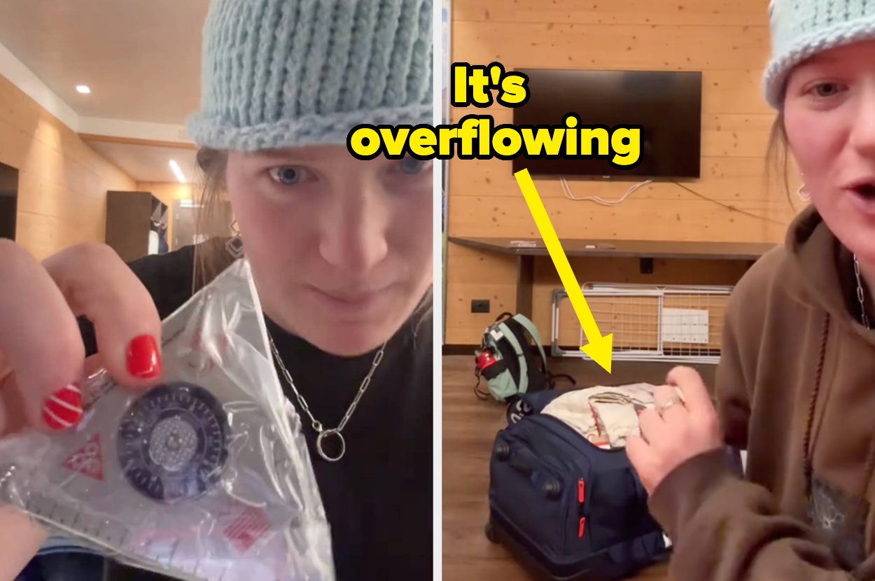 Two-panel image: Left, person holds a rescue blanket packet. Right, same person gestures at an overstuffed suitcase with a backpack on top