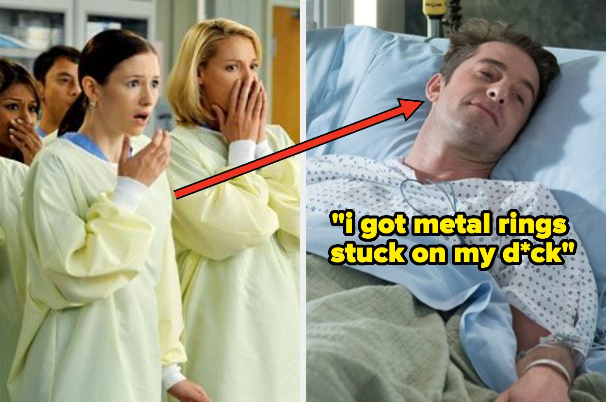 Two people in hospital gowns look shocked while a man lies in a hospital bed with a humorous quote about metal rings