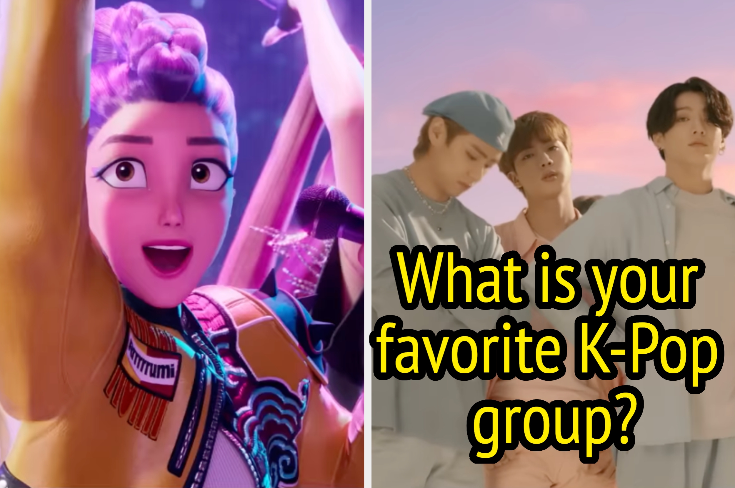 Animated character raises arms, excited, next to three people in casual outfits under a sunset sky. Text asks, "What is your favorite K-Pop group?"