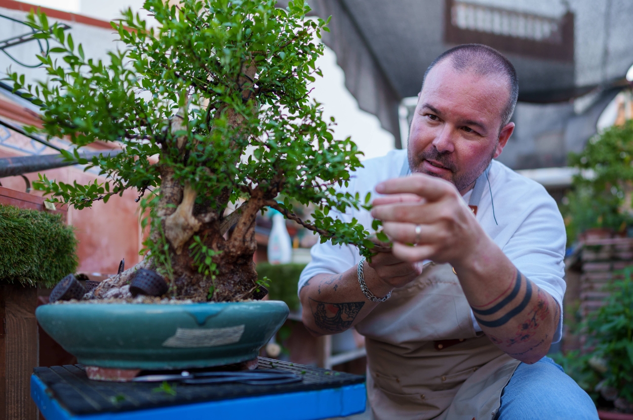 Man tending to a bonsai tree with focused expression, wearing an apron, surrounded by gardening materials in an outdoor setting
