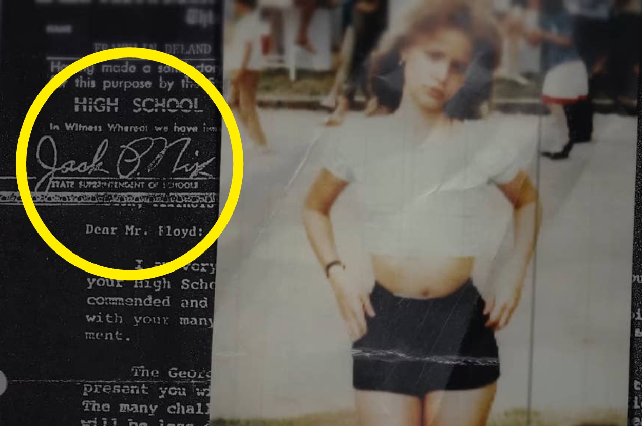 A faded image of a woman in a crop top and shorts stands with hands on hips. A yellow circle highlights a signature on a document in the background