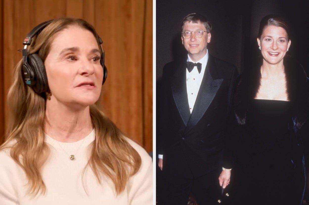 Two-part image: left shows a woman wearing headphones, right shows a man in a tuxedo and a woman in an elegant black outfit at an event