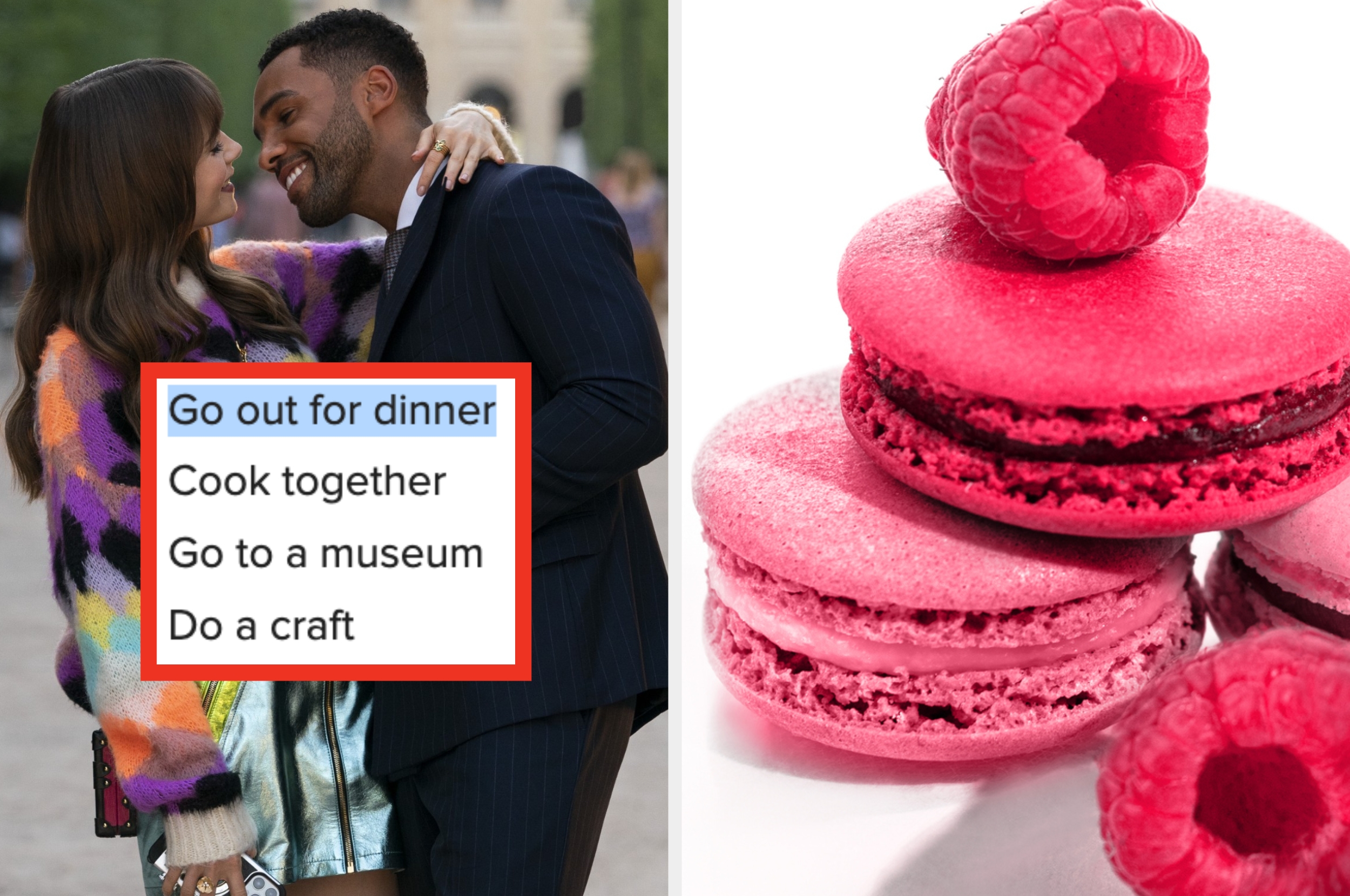 A couple embraces, smiling intimately. Nearby, a checklist suggests activities, with "Go out for dinner" highlighted. Macarons and raspberries are shown