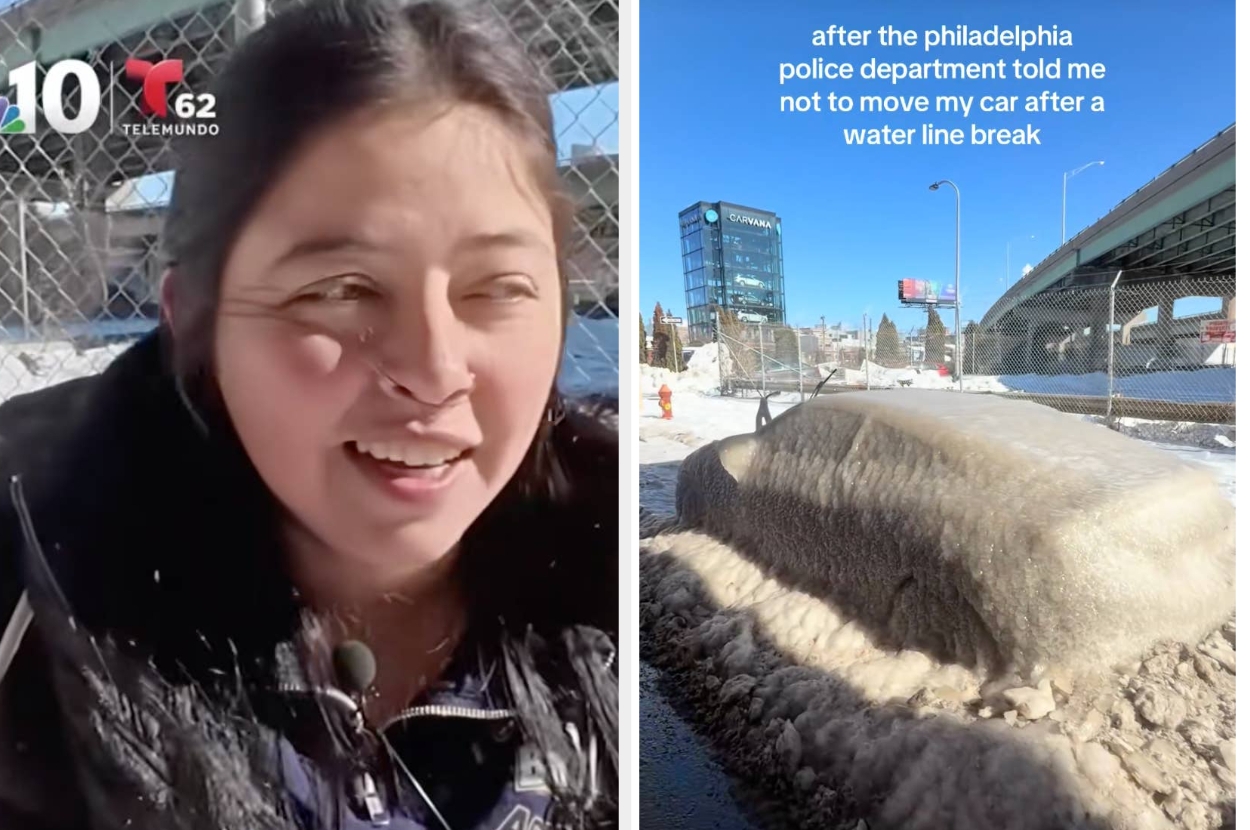 Woman laughs in video; adjacent image shows a car encased in ice. Text humorously explains the car is frozen after police advice not to move it