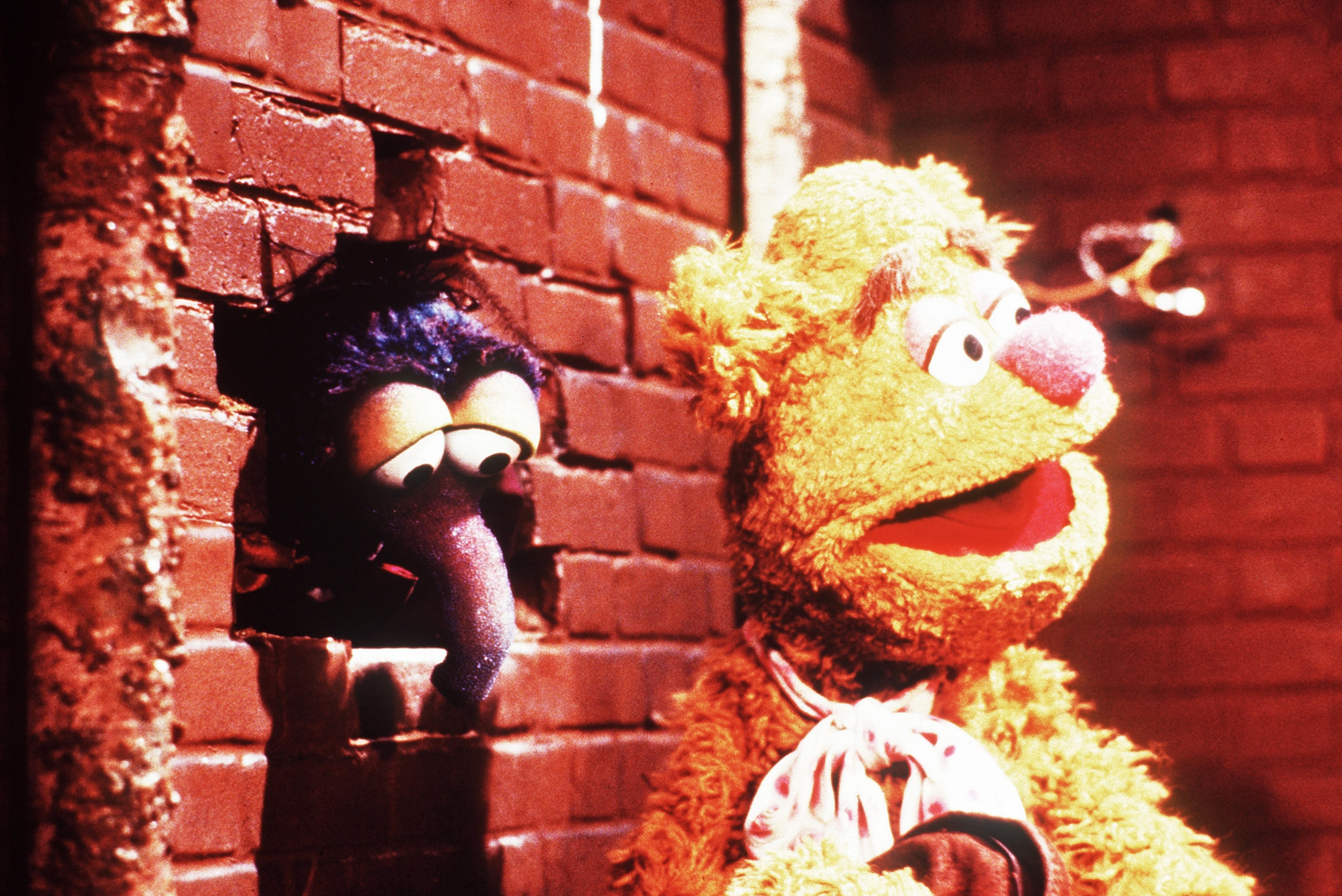 Fozzie Bear and Gonzo from The Muppets, Fozzie wearing a polka dot scarf, lasting by a ceramic partition with Gonzo peeking done a hole