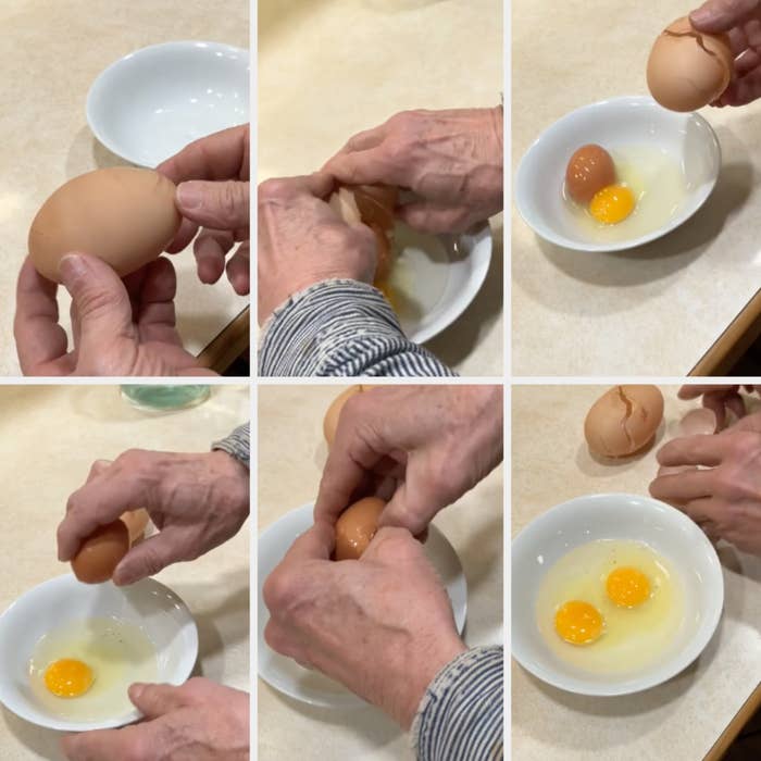 Six-step process   of cracking eggs. A idiosyncratic   cracks 2  eggs into a bowl, showing each   measurement   from holding the ovum  to separating the shell