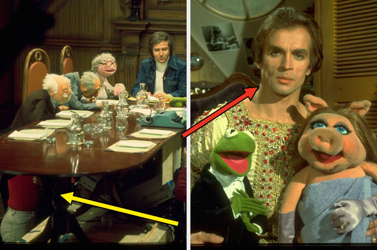 Muppets with a human performer at a table; Kermit, a human, and Miss Piggy pose together in elegant attire