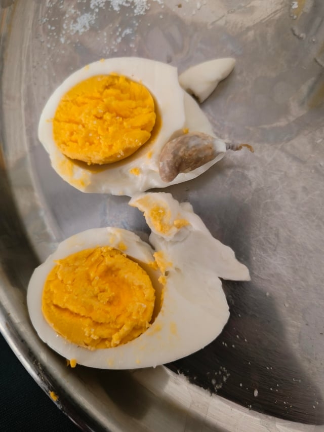 Two hard-boiled eggs sliced successful  fractional  connected  a plate, with steadfast  yolks