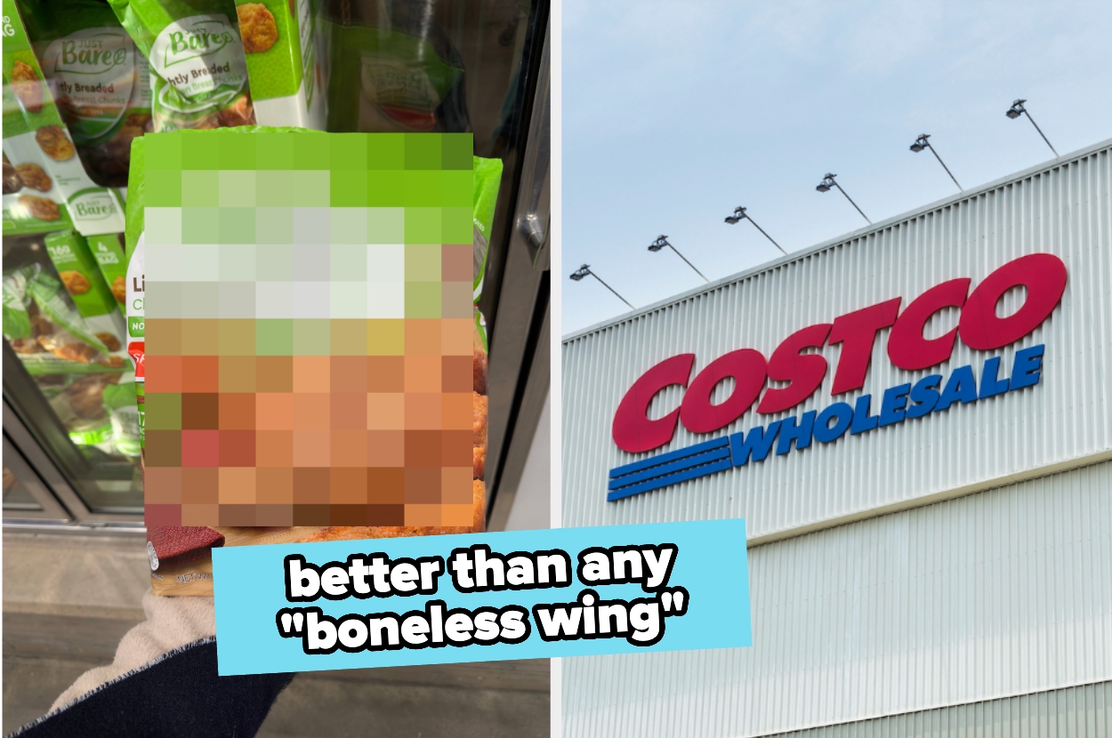 Person holding a bag of orange chicken next to a Costco building; text says "better than any 'boneless wing'."