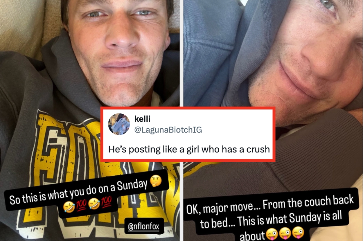 A person in a hoodie relaxes, taking selfies. Text overlay reads about Sunday activities, humorously comparing posting style to having a crush