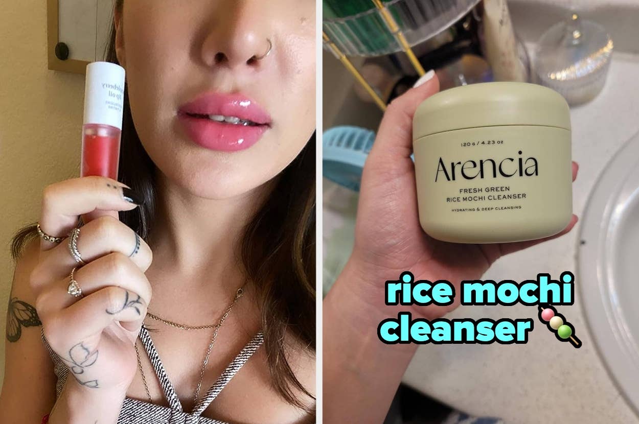 Person holds a red lip gloss; another hand holds a jar labeled "Arencia Rice Mochi Cleanser." Text reads "rice mochi cleanser."
