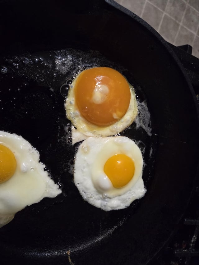 Eggs frying successful  a pan, with 1  ovum  featuring a herb  portion    connected  top