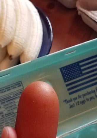 A manus  holds a tiny  brownish  ovum  adjacent  to a regular-sized ovum  successful  an ovum  carton. Nearby is simply a sheet  of bananas