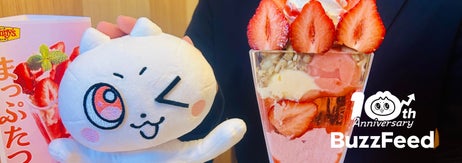 デニーズ広報担当者と、新メニュー「まっぷたつ？パフェ」、バズりんのぬいぐるみが映った様子